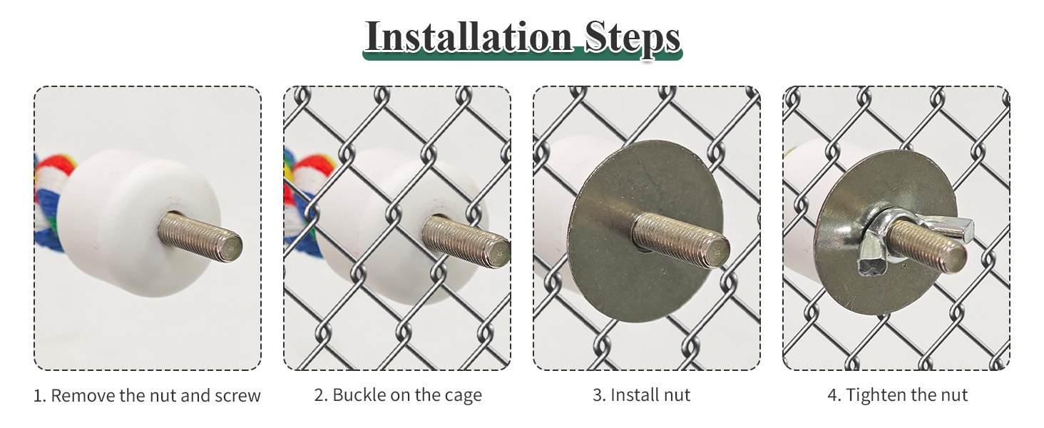 Installation steps for a chain-link fence accessory. Four panels show the process: removing a nut, pushing through cage, installing nut, and tightening. A red and blue object is partially visible.