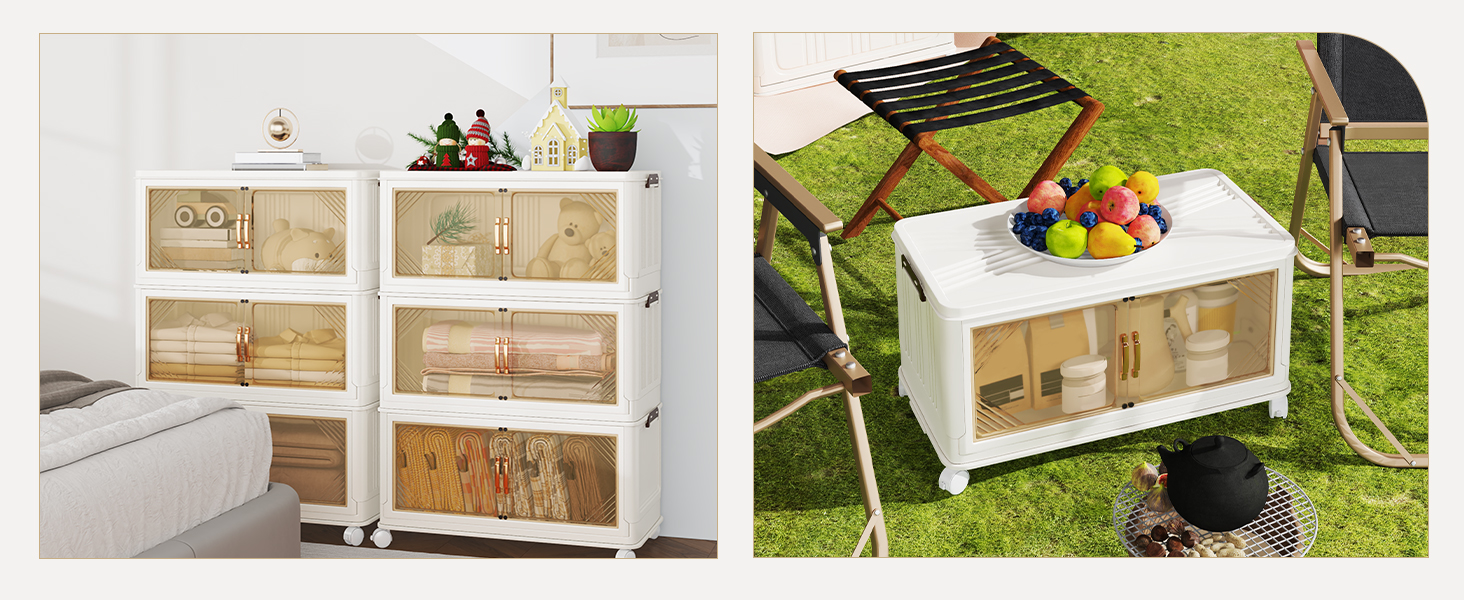 White wooden storage unit with six compartments and woven baskets shown in indoor and outdoor settings. Functional storage furniture for organizing items in home or garden.