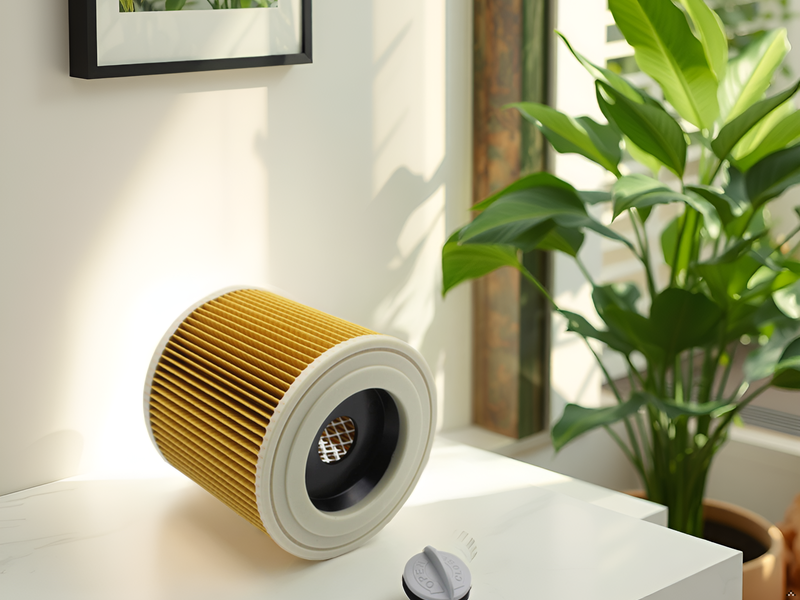 Filtre à air cylindrique avec matériau plissé brun doré et embouts blancs, illustré en intérieur avec une plante en arrière-plan.