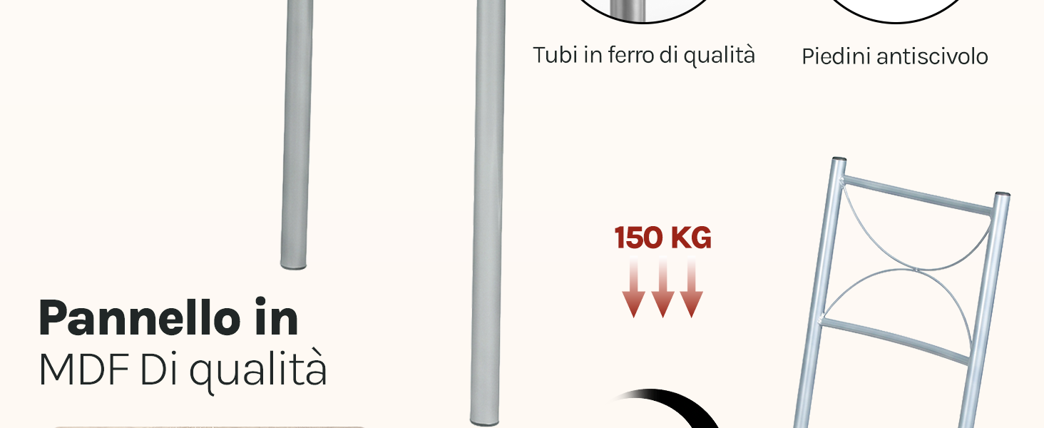 Il testo recita 'Pannello in MDF di qualità' e 'Robusto e resistente'. Le specifiche indicano una capacità di peso di «150 KG». Semplici disegni al tratto di uno scaffale a pannello piatto e a scala su sfondo bianco.
