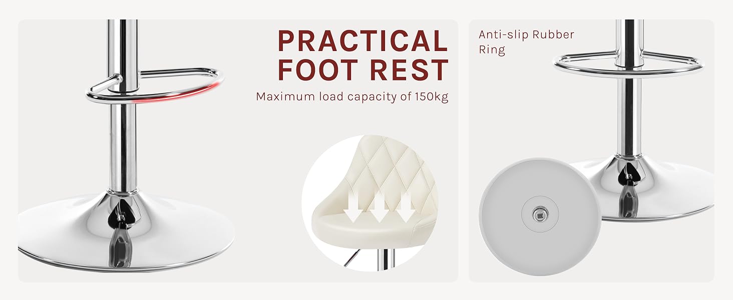 Bar stool foot rest accessory with circular chrome base and ring. Features adjustable height and cushioned white pad for comfort. Maximum load capacity of 330 lbs.