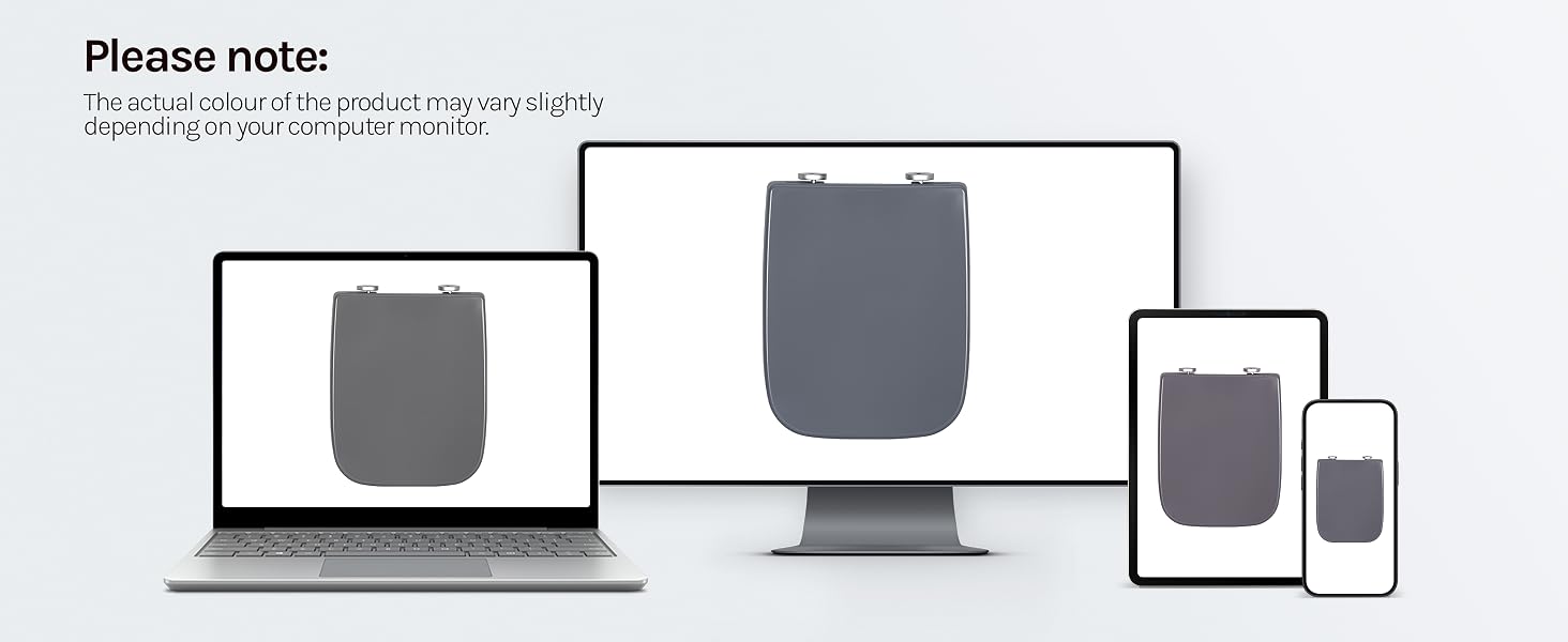 Text reads 'Please note:' followed by product compatibility information. Shows device display mockups - laptop, desktop monitor, tablet, and smartphone.