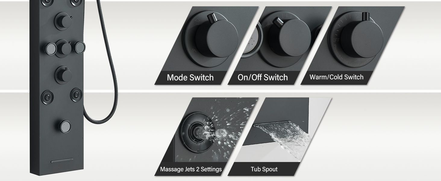 FUZ Shower Panel Tower System, Stainless Steel 6 IN 1 Shower Panel System with LED rain Shower Head