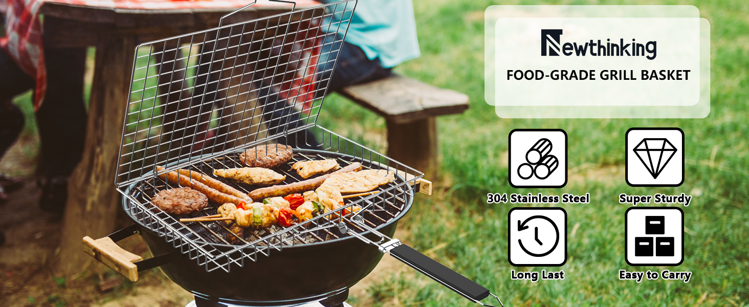 Grilling basket with food cooking over flames, accompanied by icons indicating food-grade material and durability features.