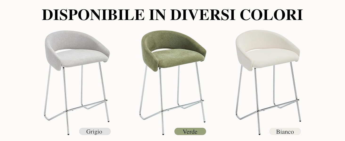 Il testo dice 'DISPONIBILE IN DIVERSI COLORI'. Espositore di moderni sgabelli curvi in vari colori tra cui grigio, verde salvia e beige con basi cromate.