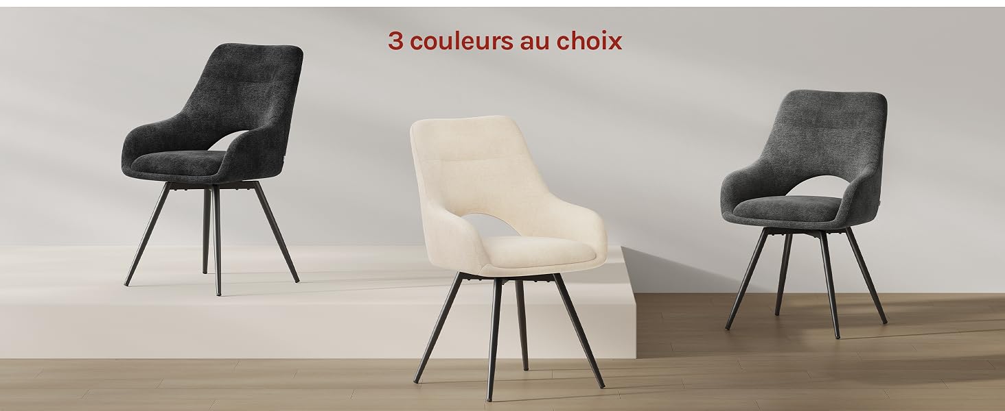 Le texte indique « 3 couleurs au Choix ». Trois chaises de salle à manger rembourrées modernes en noir, beige et gris avec des pieds métalliques inclinés sur fond blanc.