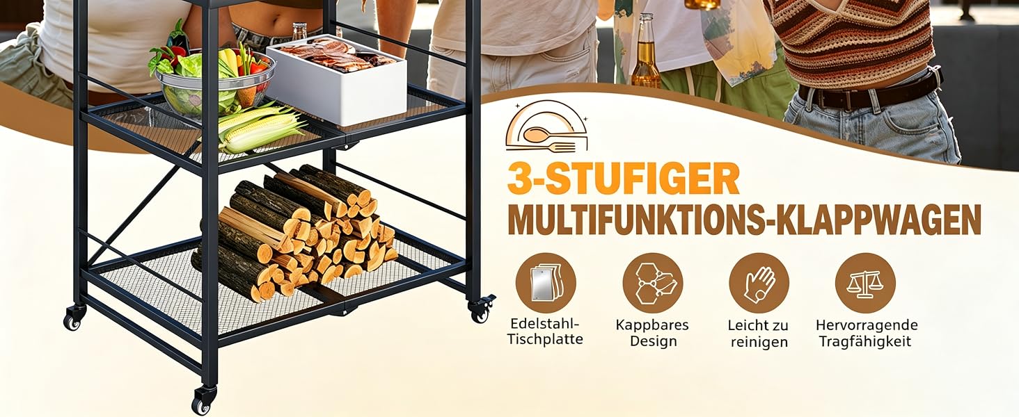 Der Text lautet „STUFIGER“ und „MULTIFUNKTIONS-KLAPPWAGEN“ mit vier kreisförmigen Symbolen darunter. Zusammenklappbarer Allzweckwagen aus schwarzem Metall mit gelb/goldenen Aufbewahrungskörben und Rädern, konzipiert für mehrere Funktionen und einfache Mobilität.