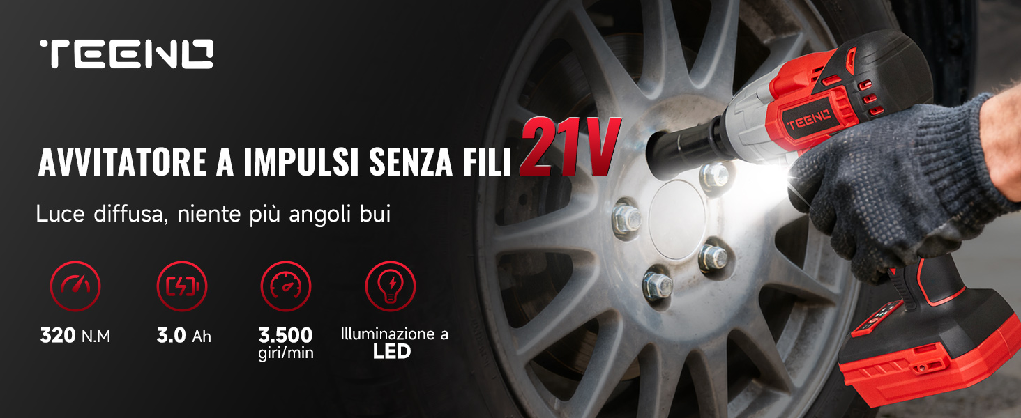 Il testo recita «TECHNO». Immagine pubblicitaria che mostra una ruota automobilistica con accenti rossi e specifiche tecniche sovrapposte.