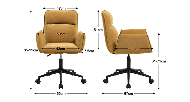 Technisches Diagramm mit den Abmessungen eines Bürostuhls. Die Maße beinhalten eine Sitzhöhe von 61 bis 77 cm, eine Sitztiefe von 47 cm, eine Sitzbreite von 50 cm, die Maße der Rückenlehne 45 x 42 cm und den Fußdurchmesser von 67 cm.