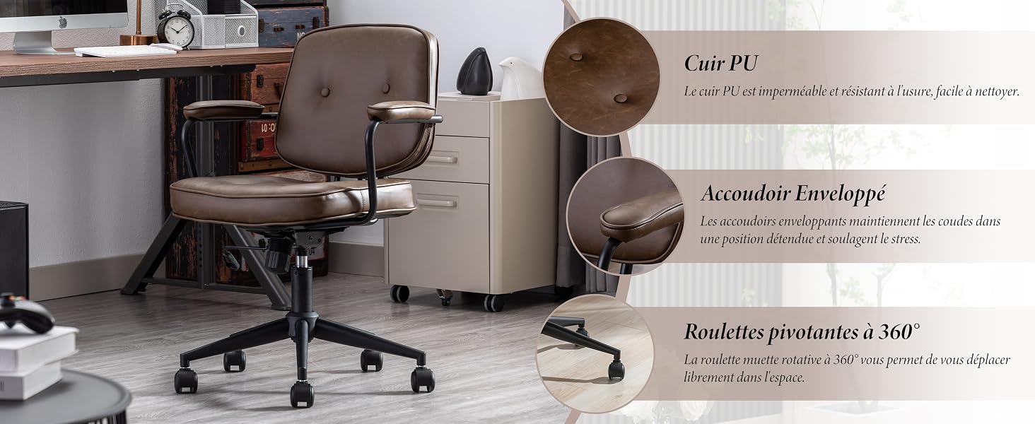 avec revêtement en cuir marron, hauteur réglable et base pivotante. Les caractéristiques comprennent un siège rembourré, un dossier avec capitonnage à boutons et des accoudoirs. Présenté dans un environnement de bureau avec les détails du produit.