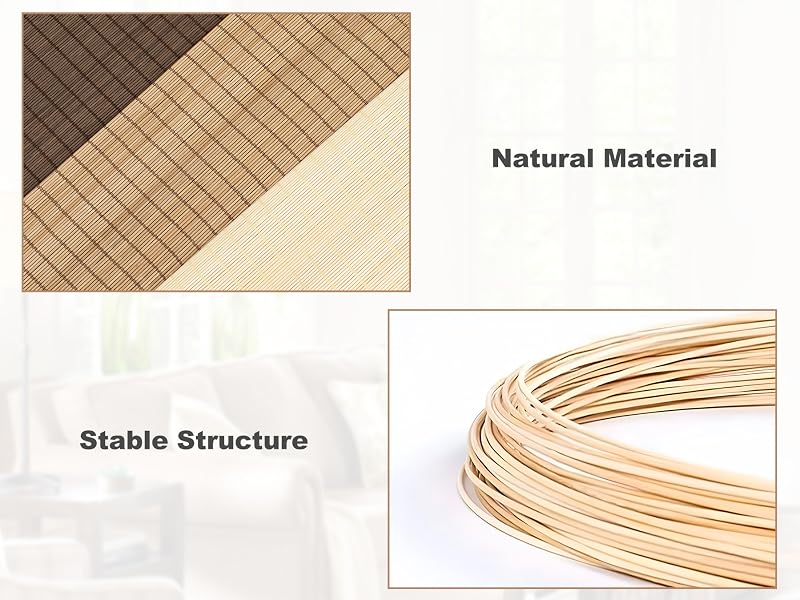 Campioni di materiale naturale intrecciato che mostrano diverse tonalità di beige e marrone, con un materiale arrotolato in rattan o vimini visualizzato separatamente.