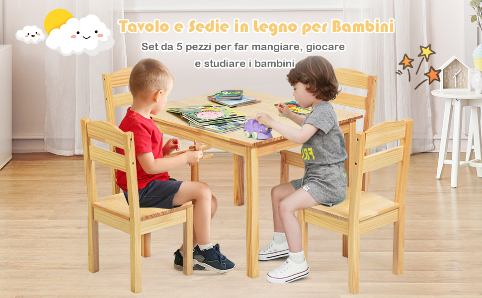 DREAMADE Set di 5 Pezzi Tavolino con 4 Sedie per Bambini in MDF