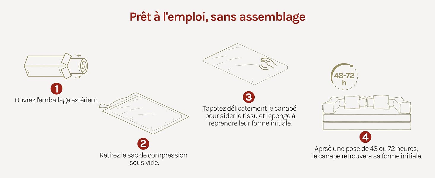Le texte indique « Prêt à l'emploi, sans assemblage » avec des schémas d'instructions en français illustrant les étapes de configuration de l'appareil : câble de charge, insertion de la batterie et configuration des accessoires avec des légendes numérotées.