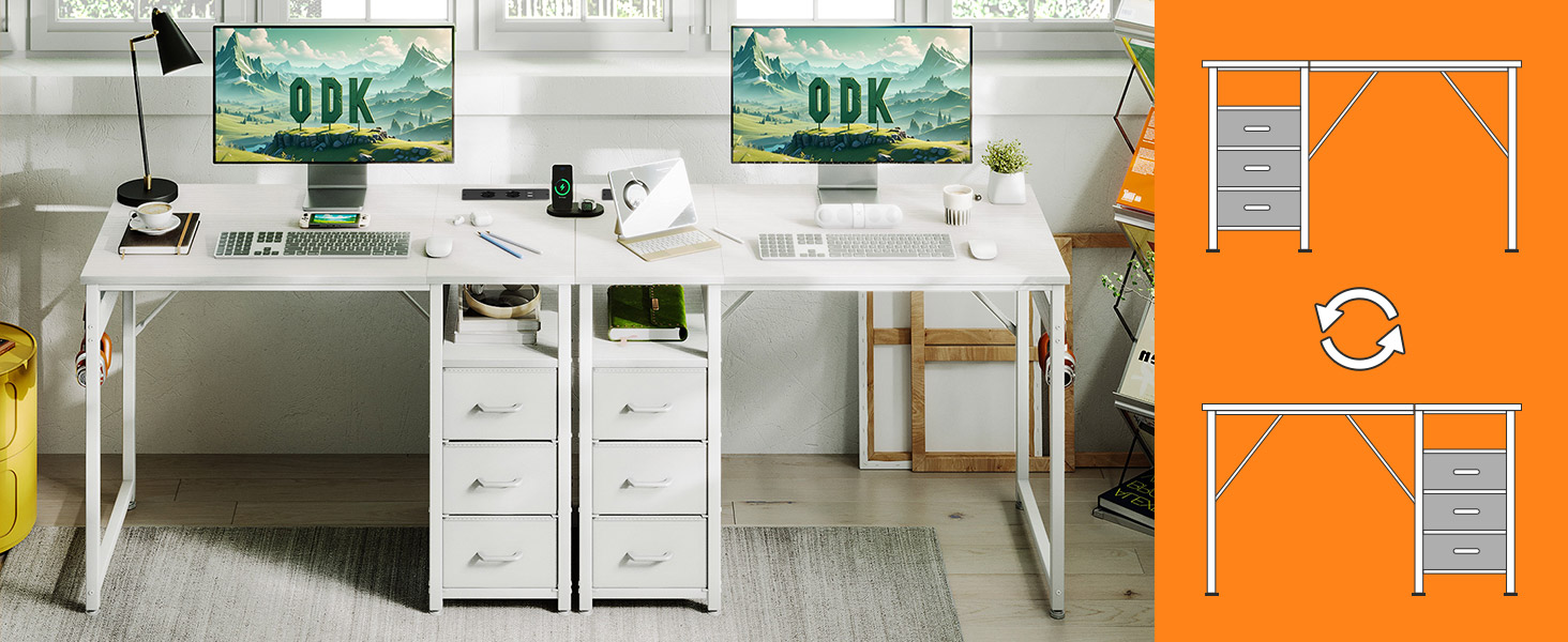Weiße Home-Office-Einrichtung mit zwei Schreibtischen, Schubladen und Computermonitoren. Ein orangefarbenes Diagramm in der Ecke zeigt verschiedene Möbelkonfigurationen
