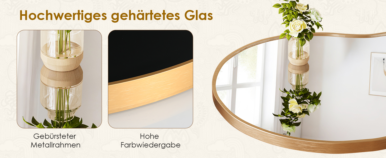 Le texte indique « Hochwertiges gehärtetes Glass » avec des images du produit montrant un vase en verre avec garniture dorée, des détails sur les bords en verre noir et un miroir rond avec cadre doré sur une étagère blanche avec plante.