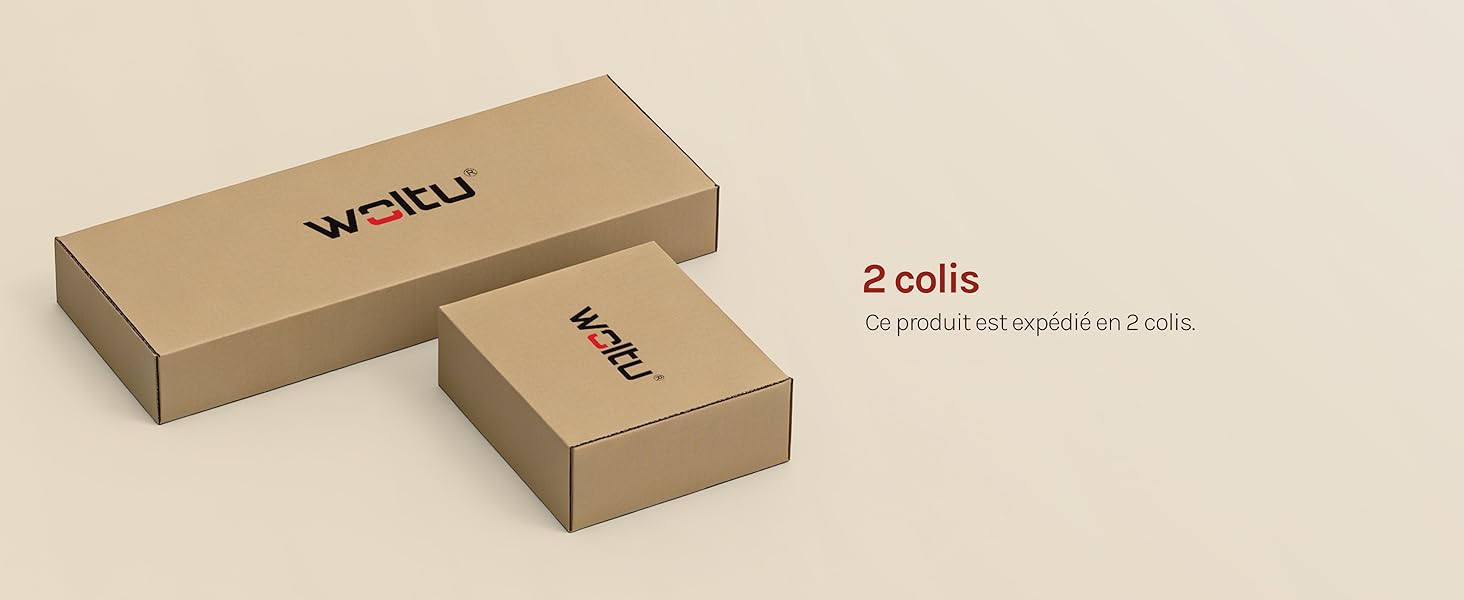 Le texte indique « WOSTU » et « 2 bobines ». Photographie du produit de deux boîtes en papier kraft brun, l'une plus grande et l'autre plus petite, sur fond neutre.
