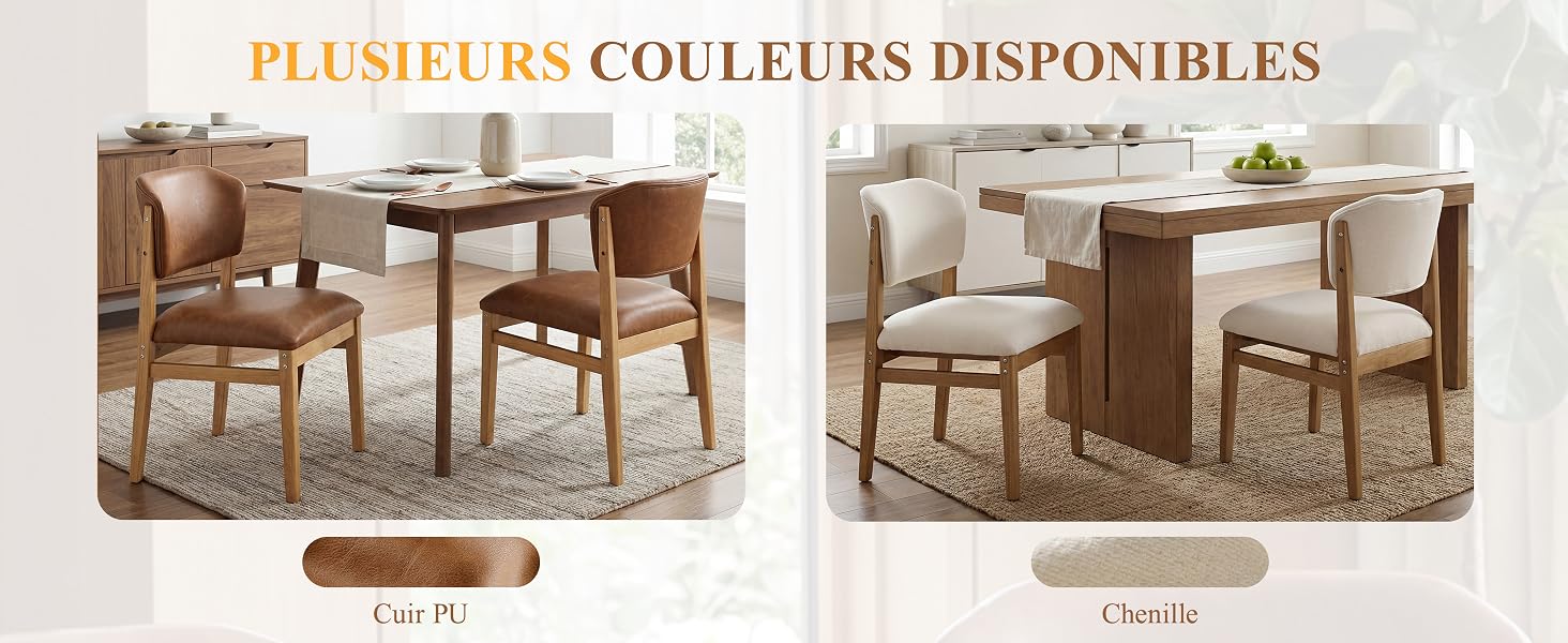Le texte indique « PLUSIEURS COULEURS DISPONIBLES ». Images de produits de l'ensemble de meubles montrant une table à manger et des chaises en deux couleurs, « Clair (clair) » et « Chocolat (chocolat) », avec une construction en bois naturel.