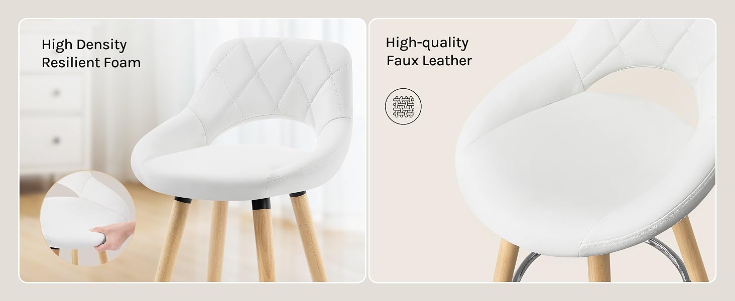 Two white cushioned stools with wooden legs. Left panel shows high-density resilient foam, right panel highlights high-quality faux leather material.