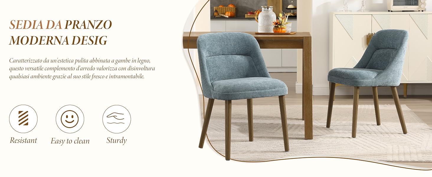 Il testo recita 'SEDIA DA PRANZO MODERNA D1205'. Espositore moderno per sedie da pranzo con sedie imbottite blu con gambe in legno in varie angolazioni.