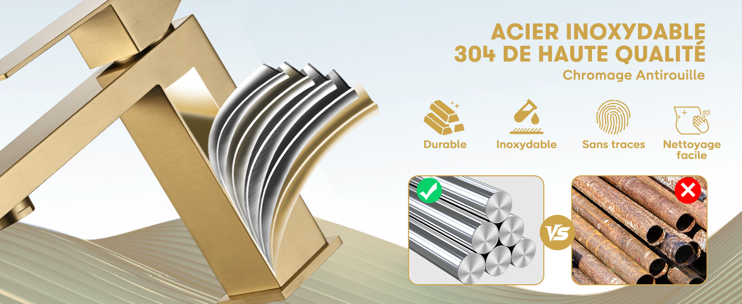 Le text says « STAINLESS STEEL » 304 HIGH QUALITY » Collage showing curtain rods Stainless steel curtains and mount hardware with a gold/messing finish, including various components and installation parts.