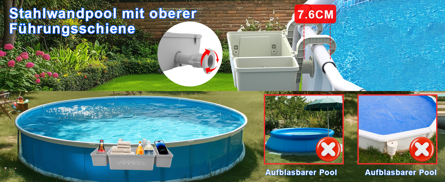 Piscine hors sol à parois d'acier avec système de rails de guidage, montrant le processus d'installation et la configuration terminée dans plusieurs vues.