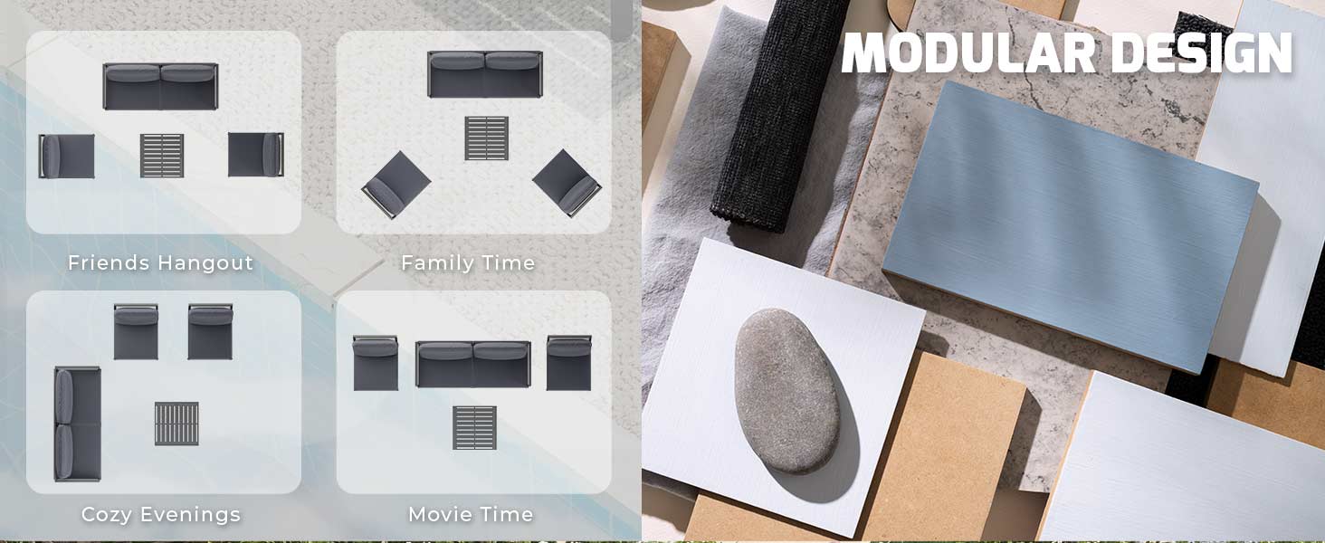 Text reads 'MODULAR DESIGN'. Series of architectural or interior design mockups showing various geometric patterns and layout configurations in grayscale.