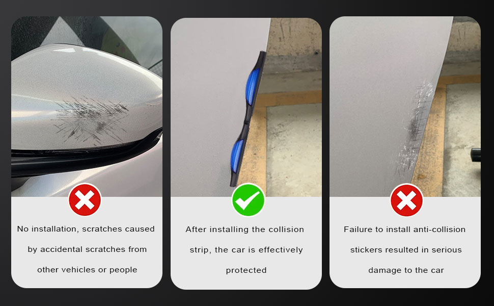 Three-panel comparison showing car side mirror protection: damaged without protection, properly protected with blue strip, and damage from incorrect installation.