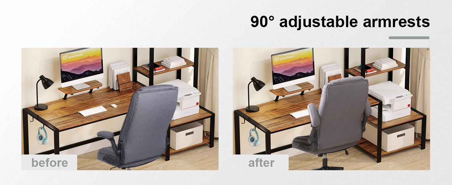 a desk with a chair and a desk with a computer monitor on it.