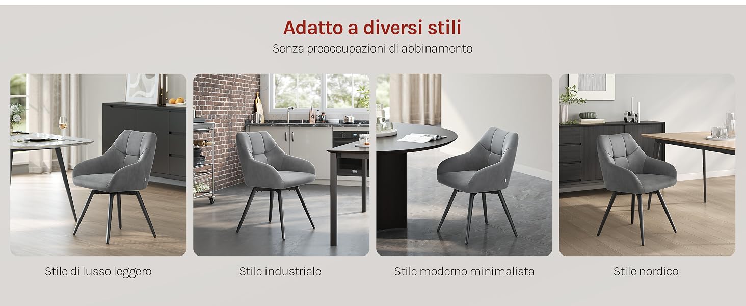 Il testo recita «ADMIRA a través del tiempo» (Ammirare nel tempo). Immagine composita che mostra quattro sedie da pranzo imbottite in beige/marrone chiaro con gambe in metallo in vari stili e finiture.