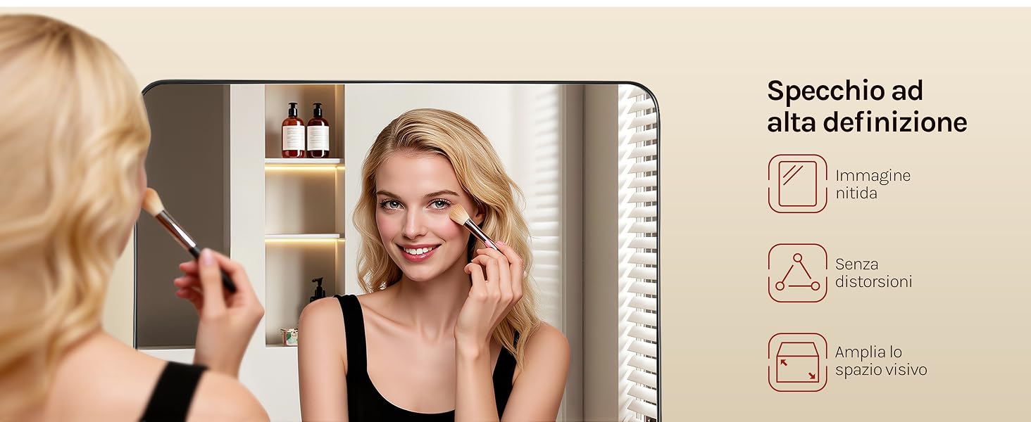 Il testo recita «Specifici ad uso cosmetico» con icone che mostrano il metodo di applicazione. Donna con capelli biondi che applica il prodotto per la cura della pelle nello specchio del bagno, mostrando una dimostrazione dell'uso del prodotto.