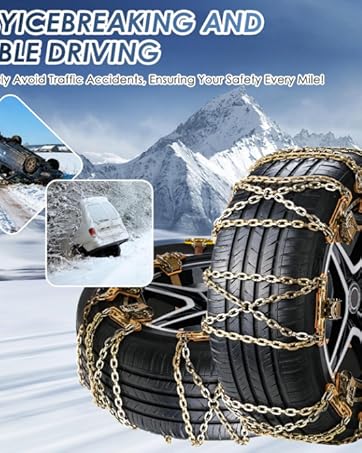 Text reads 'EASY ICE BREAKING AND STABLE DRIVING'. Multiple views of snow chains installed on vehicle tires in winter conditions, showing chain pattern across tire tread.