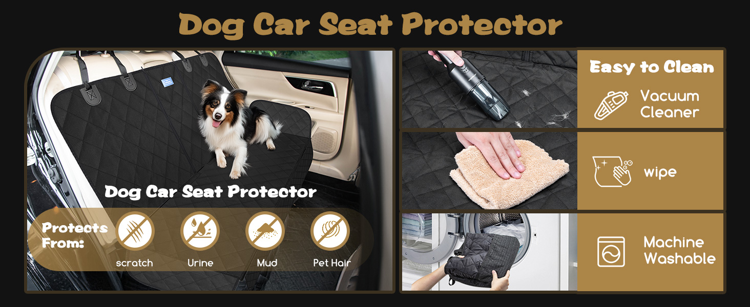 Dog car seat protector product image showing black protective cover with cleaning instruction icons and demonstration photos.
