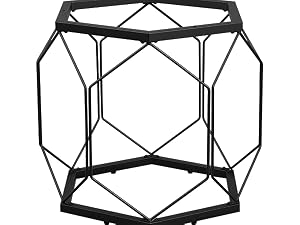 Geometric black metal frame structure in a cubic shape with interconnected angular supports forming an open-sided display stand or holder.