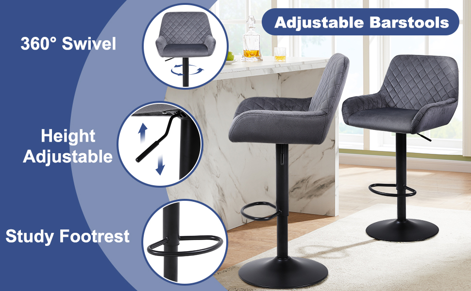 Gray upholstered barstools with adjustable height, 360-degree swivel, and footrest. Features include quilted seats and modern design for kitchen or bar use.