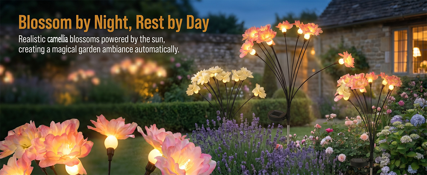Text reads 'Blossom by Night, Rest by Day'. Orange flowering plants in nighttime garden setting with decorative string lights and warm ambient lighting.