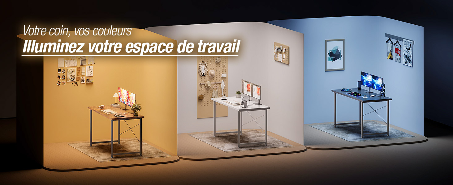 Le texte se lit comme suit : « Illuminez votre espace de travail ». Présentoir de style galerie présentant des espaces de travail éclairés avec des bureaux et des objets fixés au mur en séquence.