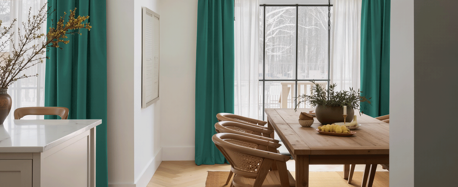 Distribución interior de la habitación que muestra un comedor con una mesa de madera, sillas y una ventana con cortinas.
