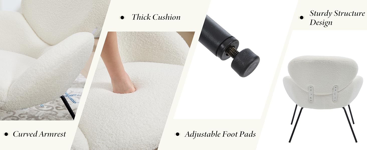 Text reads 'Thick cushion', 'Curved armrest', 'Adjustable foot rest', 'Simple Design'. Diagram showing features of a white upholstered chair.