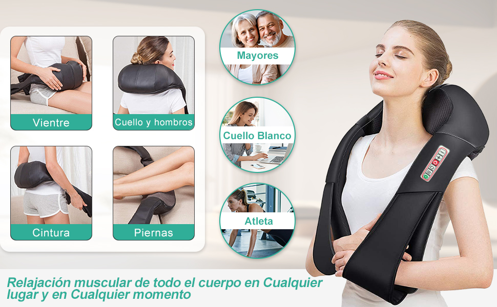 Demostración de un dispositivo de masaje con seis posiciones y técnicas diferentes. El producto se muestra para su uso en hombros, cuello, espalda y extremidades, demostrando métodos de aplicación versátiles.