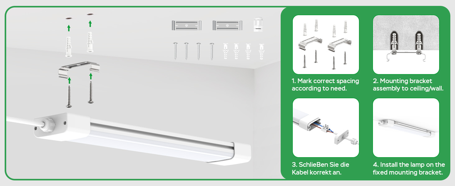 Anleitungsdiagramm, das die Installationsschritte für einen an der Wand montierten Gerätehalter oder eine Wandhalterung zeigt, mit grün umrandeten Installationsleitfeldern.