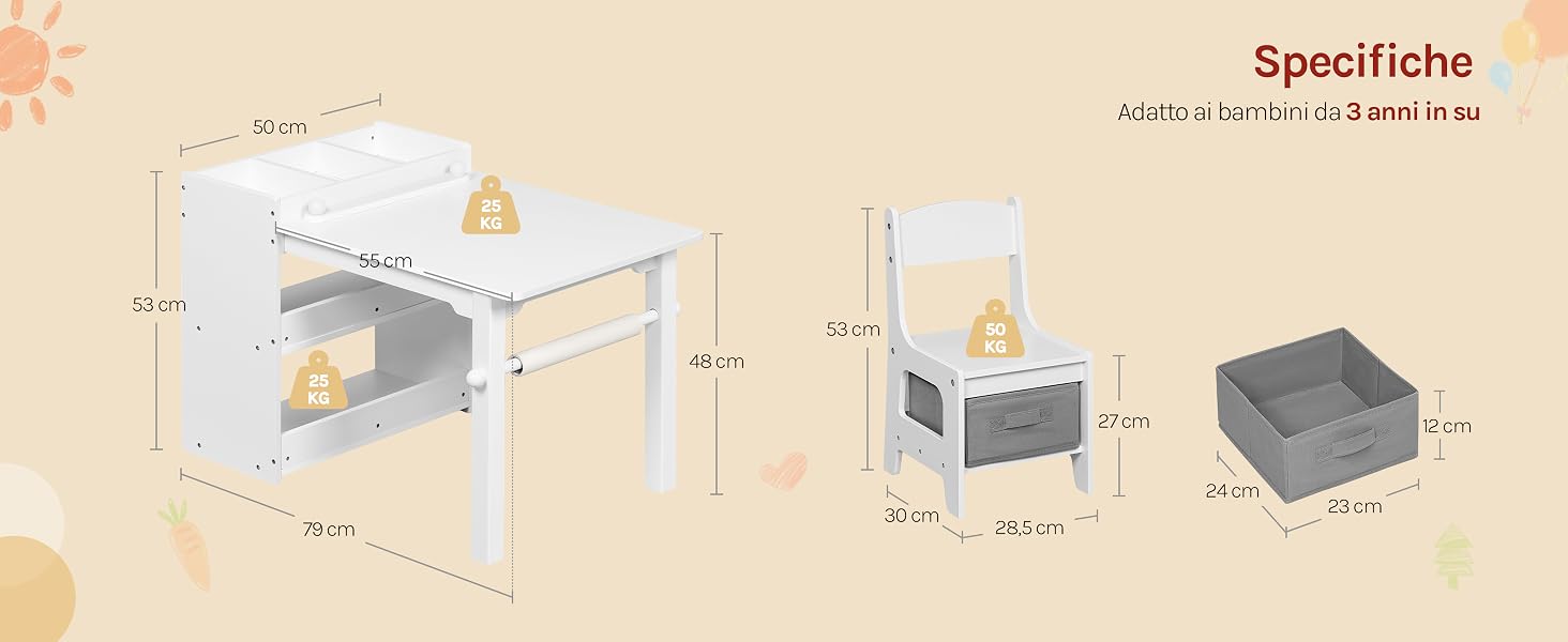 Il testo dice 'Specifiche'. Diagramma tecnico che mostra le dimensioni di un tavolo o di una scrivania con misure in centimetri, comprese le specifiche di altezza, larghezza e profondità.