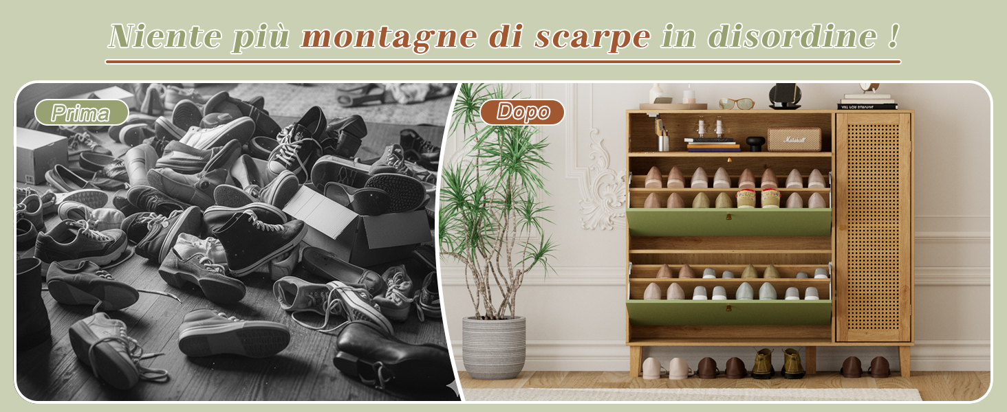Il testo recita «Mentre noi montagne di scarpe diventammo». Collage che mostra scaffali con piante e mobili contenitori in stile vintage contro una parete neutra.