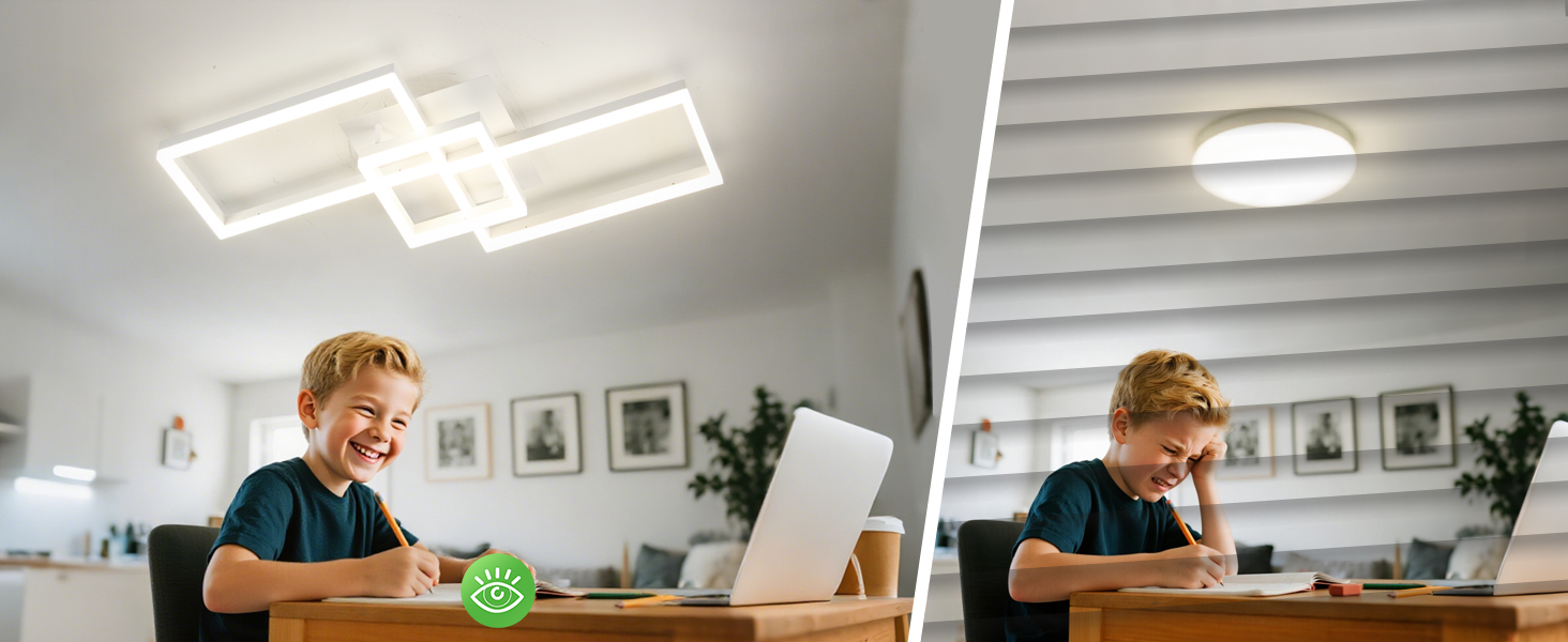 Geteiltes Bild, das einen Arbeitsbereich mit modernen rechteckigen LED-Deckenleuchten und Wandkunst zeigt, auf beiden Paneelen eine Person zu sehen, die an einem Schreibtisch arbeitet