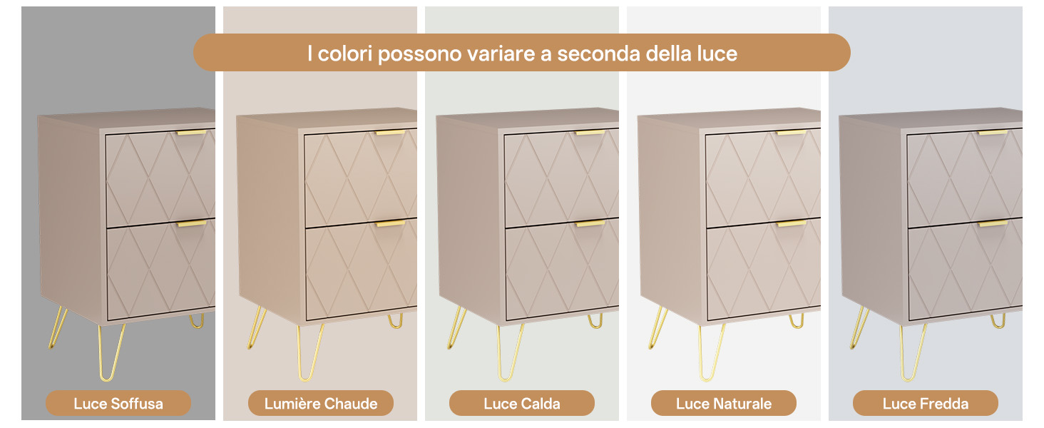 Il testo recita «I colori possono variare a seconda della luce». Le varianti del contenitore a cinque cassetti sono presentate in diverse finiture neutre con opzioni di etichetta: «Less Texture», «Linen Sand», «Terracotta» e «Linen Breeze».