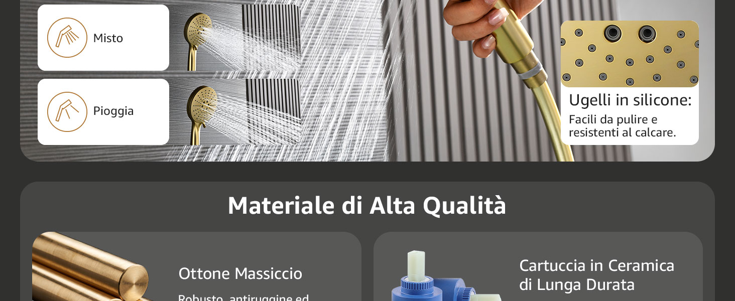 Il testo recita «Materiale di Alta Qualità», «Ottone Massiccio» (ottone massiccio), «Cartuccia in Ceramica» (cartuccia in ceramica). Sono visualizzati gli indicatori di qualità del materiale con raccordi in ottone e cartuccia in ceramica.