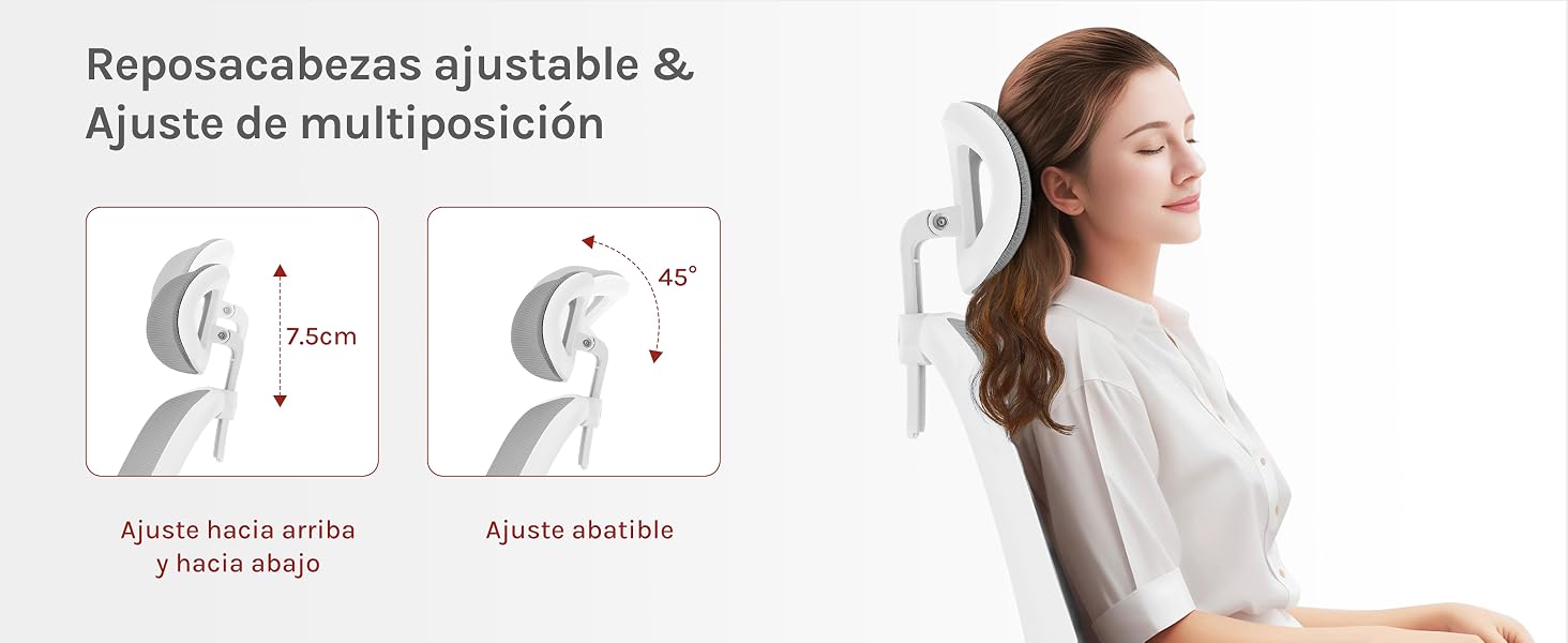 con un rango de altura de 17,5 cm e inclinación de 45 grados. El diagrama muestra las opciones de ajuste. Persona que usa el reposacabezas mientras está sentada en el escritorio.