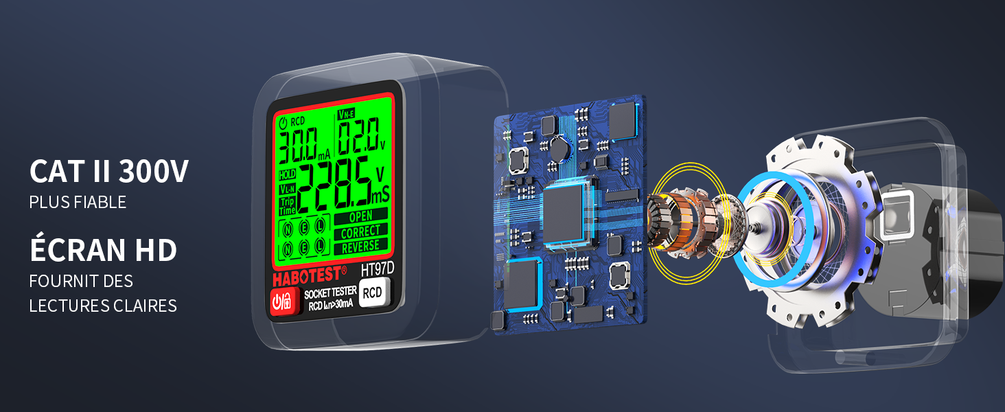 Dispositivo de visualización digital con pantalla HD que muestra una pantalla LCD verde, una placa de circuito impreso interna y componentes mecánicos visibles en el diagrama de vista explosionada