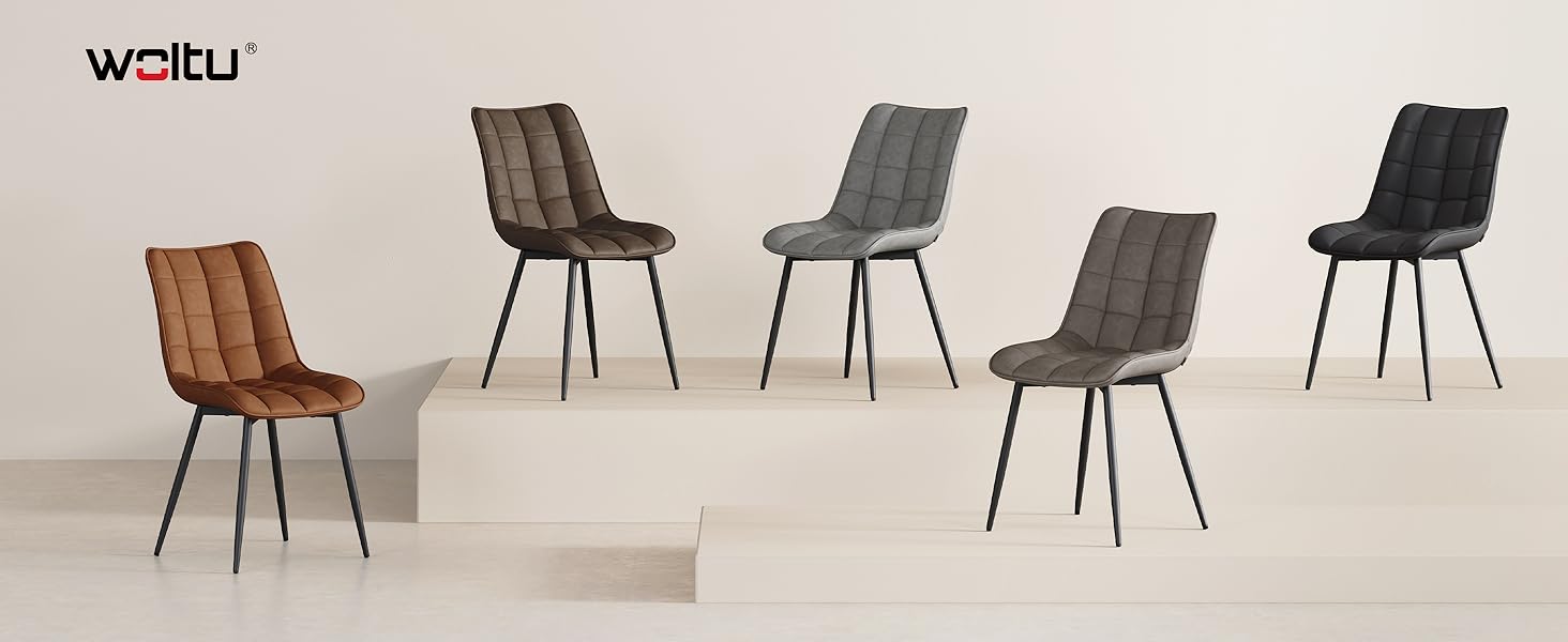 Modern dining chairs collection featuring mixed materials - fabric, wood, and metal frames. Chairs shown in various colors including brown, grey, and black with sleek contemporary designs.