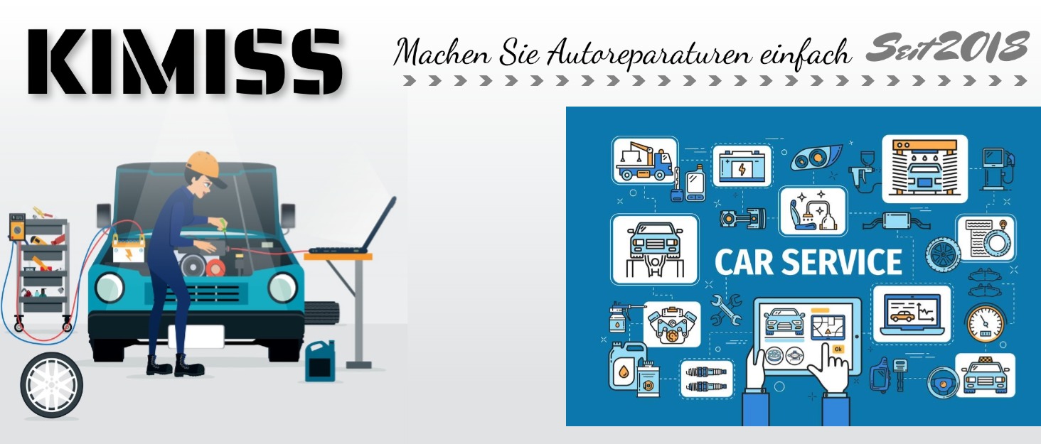 Automotive service infographic showing car maintenance icons and illustration of mechanic working on blue vehicle, with KIMISS branding.