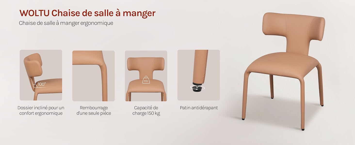 Le texte indique « WixPro Chaise de salle à manger ». Gamme de produits présentant des chaises de salle à manger rembourrées beiges sous plusieurs angles.